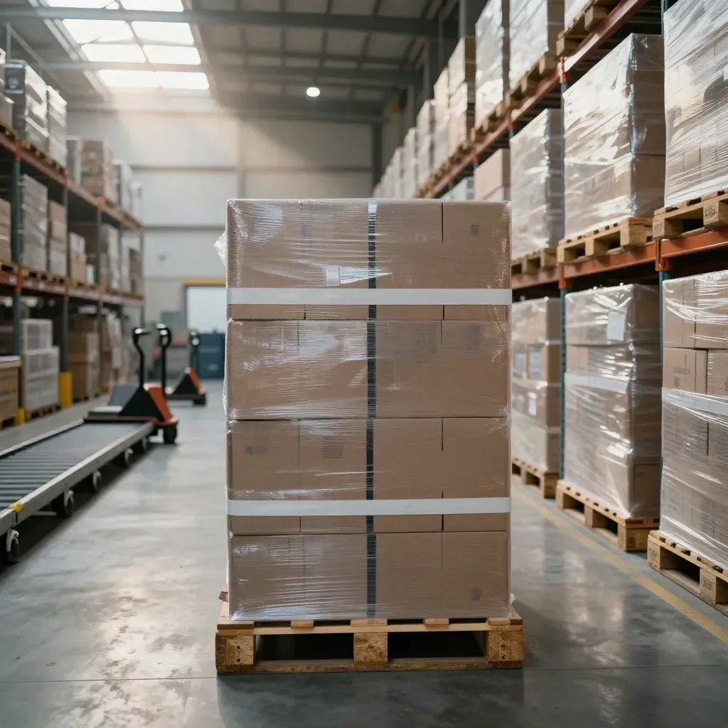Magazzino logistico finito con pallet imballati, corsie illuminate e area spedizioni pronta