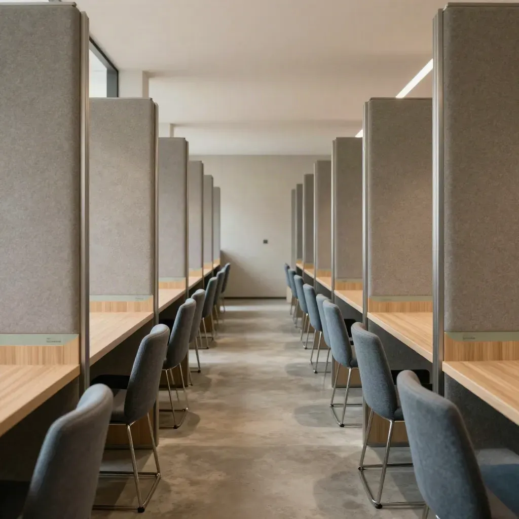 Corridio speculare con sedie vuote e divisori morbidi in una lobby di recruiting.