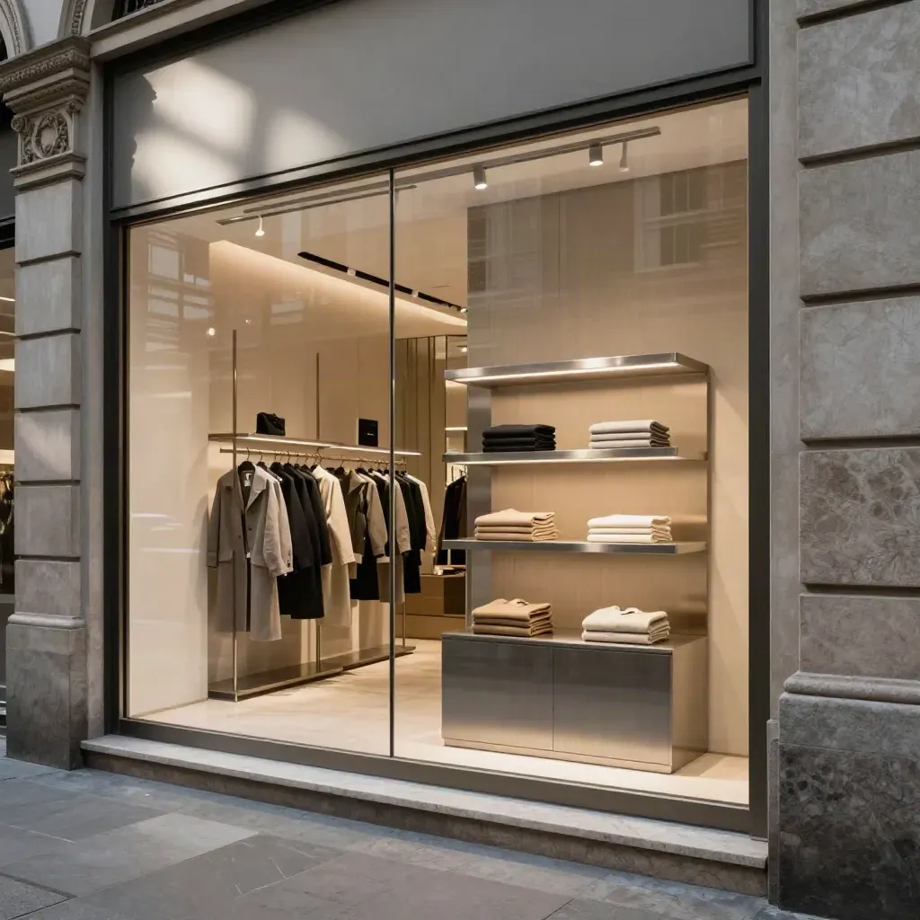 Due vetrine retail milanesi illuminate, con espositori pieni e pavimento perfetto, pronte per il weekend.