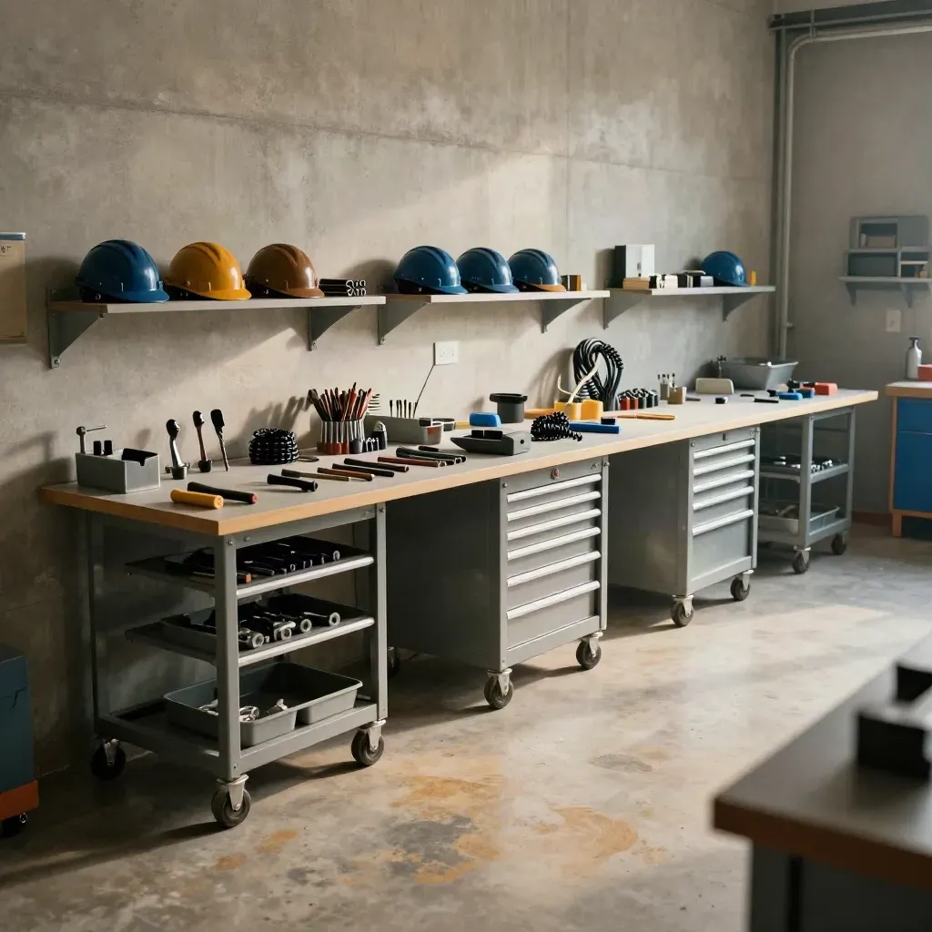 Officina moderna ordinata con tre postazioni junior già pronte e caschi allineati.