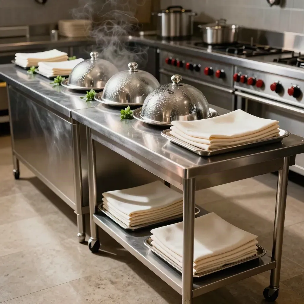 Cucina evento pronta al servizio, con coperchi a cupola, vapore e carrello dessert in inox.