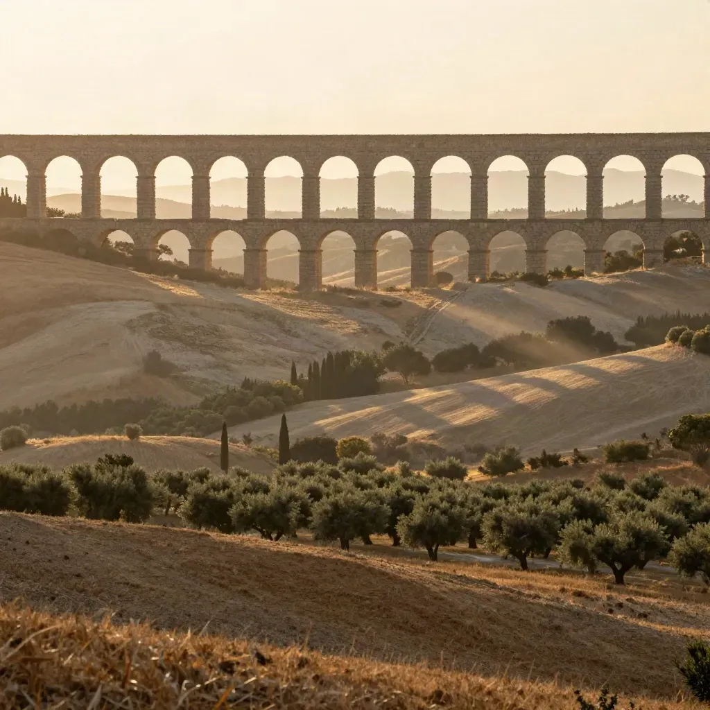 Acquedotto romano nel Lazio al tramonto sopra colline ocra e campagna velata